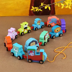 Wooden pull-along animal train toy with numbers for kids early learning cognitive play.