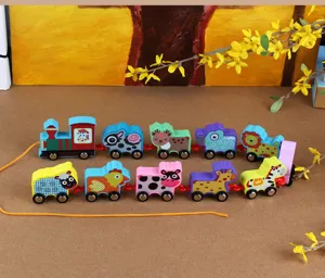 Wooden pull-along train toy for kids, early educational cartoon animal vehicle shape cognitive toy.