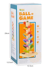 Details de la boite d emballage du jeu de boule en bois avec dimensions et pistes colorees.