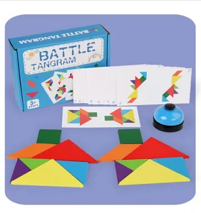 Double battle tangram puzzle set with wooden blocks, challenge cards, and game bell.