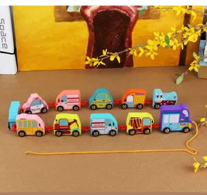 Wooden pull along train toy colorful cartoon vehicles educational baby kids cognitive pull toy car