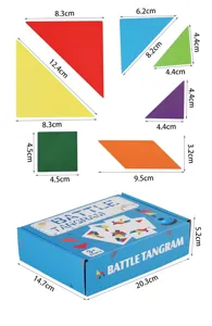 Detailed view of colorful wooden tangram puzzle pieces with exact dimensions and storage box.