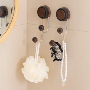 Wall mounted suction cup hook walnut wood grain bathroom towel storage hanger organizer dual hook