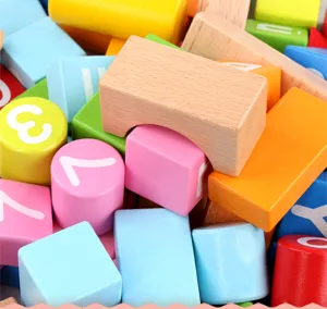 Wooden building blocks set for toddlers, colorful geometric shapes with numbers and letters.