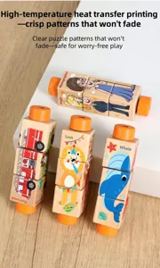 Detalle de bloques de rompecabezas giratorios de madera con claros patrones de animales y vehículos.