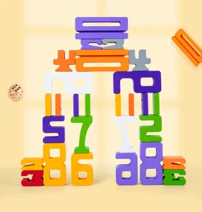 Detailed view of colorful wooden number stacking blocks and math educational toy pieces.