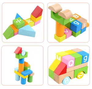 Educational wooden building blocks for kids with numbers, letters and math symbols for early learning.