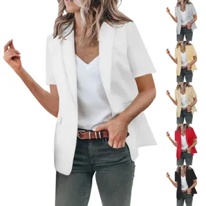 Women fashion casual loose short sleeve blazer solid color lapel coat summer chic outwear