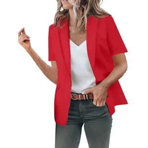 Women stylish short sleeve red blazer casual lapel solid color suit jacket outer wear