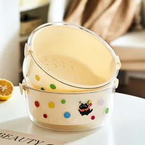 Double-layer draining basket fruit washing basin kitchen cute polka dot plastic colander