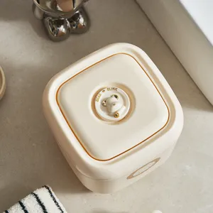 Süßer Mini Tischmülleimer mit Pressdeckel, beiger quadratischer Eimer für Büro und Bad.