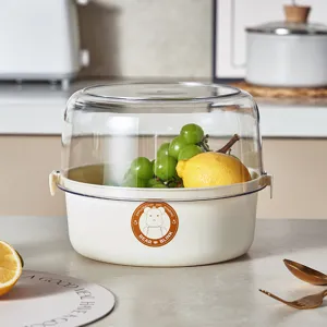 Double layer plastic fruit drain basket with transparent lid and cute bear logo for kitchen use