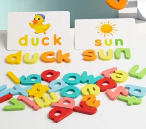Kids wooden alphabet spelling cards set, colorful letter blocks for early education and learning.