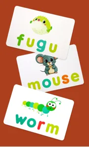 Detail view of educational English learning flashcards featuring cute cartoon animal illustrations.