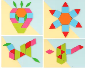 Wooden tangram puzzle geometric shapes blocks creative educational toy pattern details show.