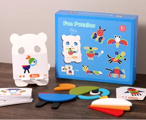 Détail de puzzle géométrique en bois Montessori avec formes colorées et cartes de support.