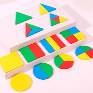 Montessori wooden geometric shape fraction puzzle board, colorful educational toys for kids.