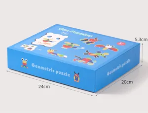 Vue détaillée de l'emballage de la boîte de puzzle géométrique avec dimensions et motifs.