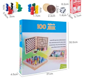 100-in-1 wooden board game set with box dimensions and piece sizes for family fun.
