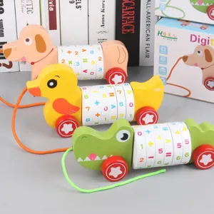 Wooden Educational Pull Along Toy Cart With Number Counting Cylinders Cartoon Animal Toddler Walking Toy Gift For Kids