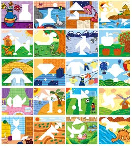 Magnetic tangram puzzle set for kids, creative early educational toy with colorful scene cards.