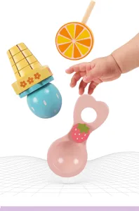 Children wooden simulation ice cream play food toy set with cone, orange and strawberry spoon.