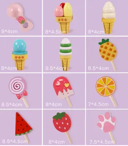 Wooden pretend play ice cream and candy toy set, colorful dessert pieces with size details.