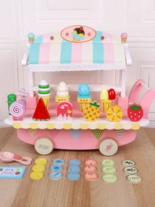 Kids wooden ice cream cart toy pretend play ice cream shop set with colorful accessories.