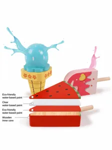 Wooden simulation ice cream play set for kids, safe water-based paint toy kitchen food.