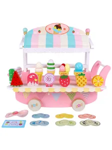 Wooden ice cream cart toy set with colorful ice cream and fruit accessories for kids play.