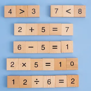 Wooden math educational toys for kids, early learning calculation blocks with numbers and symbols.