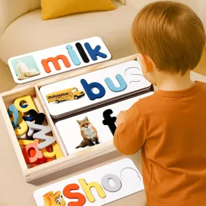 Montessori wooden alphabet matching puzzle toy for early childhood education and word learning.