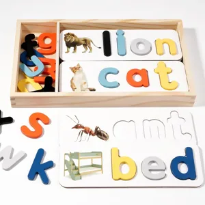 Montessori wooden English alphabet spelling puzzle toy with cognitive cards for kids.