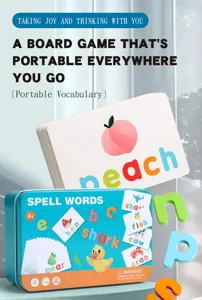 Detailed view of children English vocabulary cards and wooden letters game inside tin box.