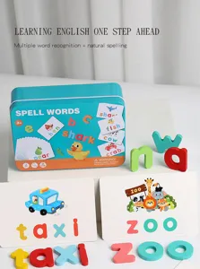Children English spelling flashcards toy set with metal tin box and colorful letters for kids.