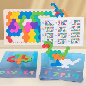 Jeu de puzzle hexagonal en bois pour enfants apprentissage educatif logique set cartes.