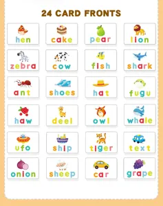 Detailed view of educational flashcards featuring cute illustrations and English words.