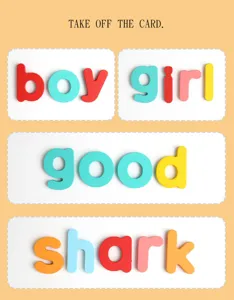 Kids English spelling flashcards with colorful wooden alphabet letters for early education.