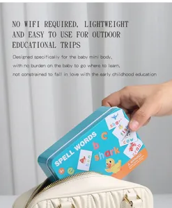 Close-up detail shot of children's English spelling card set in portable tin box container.