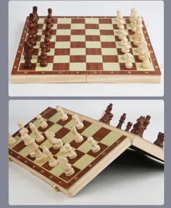 Wooden magnetic chess set folding board game details showcasing portable design for kids adults.