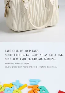 Detailed view of white quilted handbag and colorful wooden letter toys for kids learning.