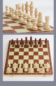 Wooden magnetic chess set detail view, folding board with classic wooden pieces for games.