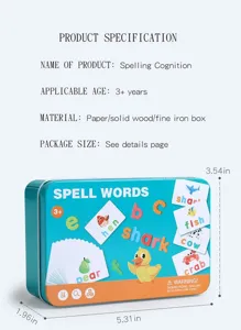 Educational wooden letter spelling puzzle card toy set in metal tin box detail view