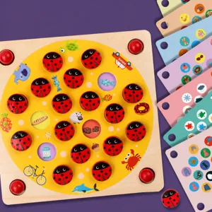 Wooden memory match board game toy with ladybug pieces and colorful task cards for kids.