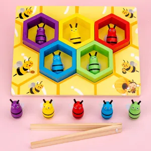 Wooden bee hive clip game for toddlers, montessori educational toy for fine motor skills.