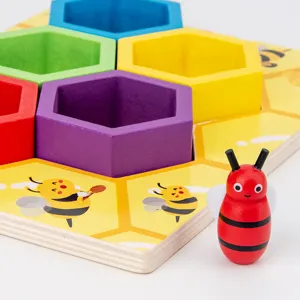 Wooden bee hive clip game toy for toddlers, colorful Montessori sorting toys for kids.