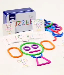 Kids educational puzzle toy set with tin box colorful plastic shapes and English learning cards