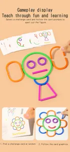 Detailed view of colorful geometric puzzle toy pieces and challenge cards for kids learning.