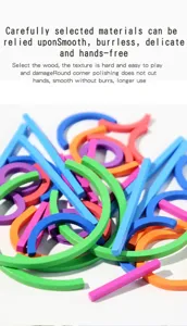 Colorful wooden educational geometric shape sticks and curves for spelling toys details.