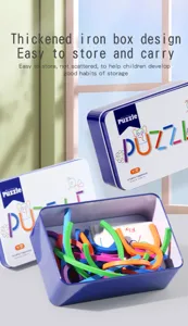 Children educational puzzle toy set with tin storage box for English letter learning.